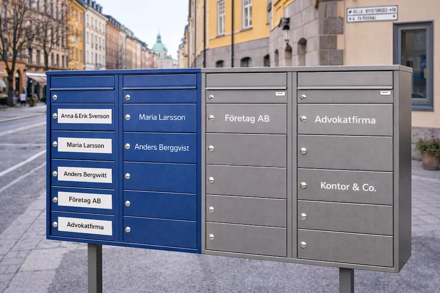 Postboxar i Stockholm för företag och privatpersoner – stilren uppställning i stadsmiljö med tydlig märkning för smidig posthantering.